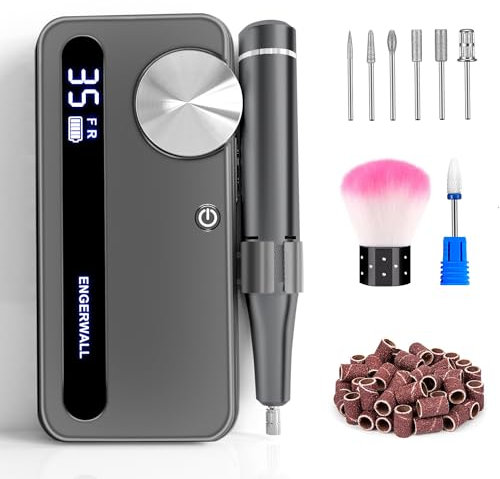 ENGERWALL Fresa elettrica per Unghie con 7 Testine Lucidanti e 56 Nastri Abrasivi per Manicure e Pedicure per Accorciare, Limare, Modellare e Curare Unghie e Cuticole, 35,000 giri/min, Argento Scuro