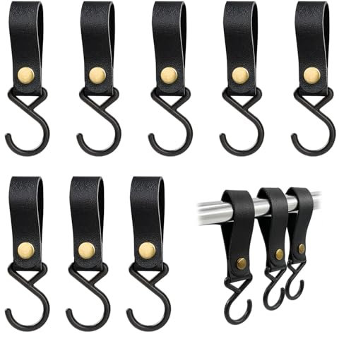 QIANCSJ Lot de 8 crochets de suspension en S noirs avec boucle en cuir, crochets multifonctions pour cuisine, garde-robe, salle de bain