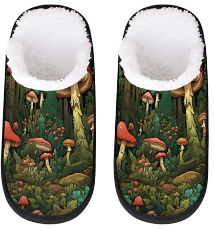 Mexpekil Vintage Mushrooms Slipper for Women Men Tropical Plants Travel Slippers Foldable Indoor Plush Lining Slip on House Slippers Memory Foam Warm Home Sock Shoes L