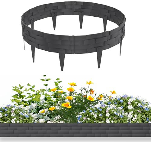 YRHome 10m Steinoptik Rasenkante Kunststoff Beeteinfassung Gartenpalisade Beetumrandung Mähkante Garten Beetbegrenzung Blumenbeet Umrandung Flexible Beetzaun Gartenpalisade - Anthrazit