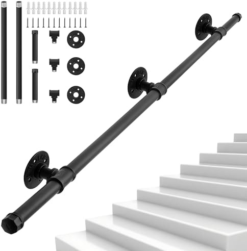 OUUTMEE Corrimano da 200 cm, nero in ferro battuto, calibro: Ø 25 mm, adatto per interni ed esterni, ringhiere per scale, con supporto a parete e tappi terminali