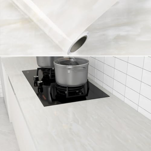 80cm×3m, Beige Marble Vinyl Wrap for Furniture, Worktop Vinyl Covering, Glossy Marble Sticky Back Plastic Roll, Heat-Resistant Glossy Contact Paper Furniture Stickers for Kitchen Worktops Countertops