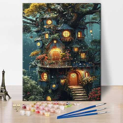 TISHIRON Baumhaus Malen nach Zahlen für Erwachsene, Fantasy Wald Malen nach Zahlen für Erwachsene, DIY Acrylmalerei auf Leinwand für Home Decor, Kunsthandwerk 40 x 50 cm(rahmenlose)