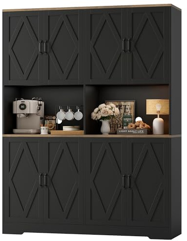 HOSTACK 71 Tall Pantry Cabinet, 55 Wide Kitchen Pantry Storage Cabinet, Large Kitchen Hutch with 2 Microwave Stands, Farmhouse Coffee Bar Station with Doors and Shelves for Dining Room, Black
