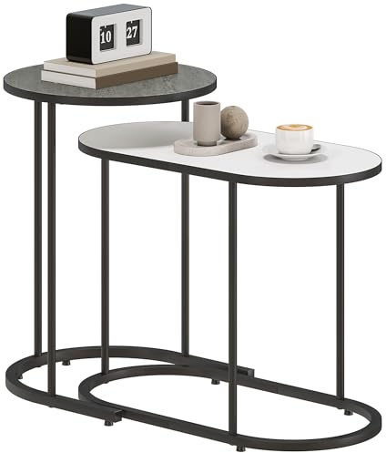 HOMCOM Set di 2 Tavolini da Salotto Impilabili, Tavolini Bassi con Telaio in Metallo per Soggiorno, Camera da Letto e Ufficio, Grigio e Bianco
