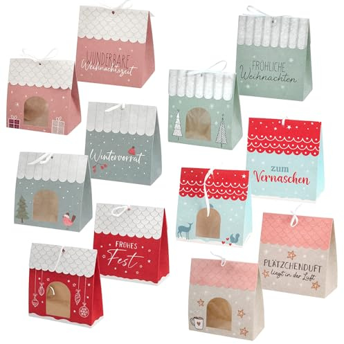 MIJOMA Gebäck- und Pralinenschachtel Weihnachten 6er Set mit Sichtfenster & Band 6 Designs zum Befüllen DIY Geschenkverpackung für Plätzchen Pralinen Mitbringsel Deko