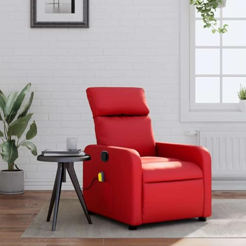 LoogCape Fauteuil de massage rouge en cuir synthétique, massage vibrant à 6 points, dossier et repose-pieds réglables, cadre en bois et métal, pour salon, coin lecture, home cinéma, 110 kg
