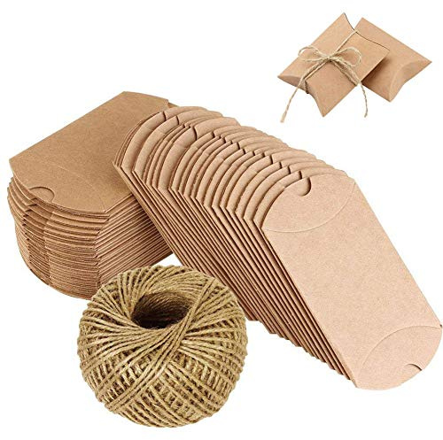 Naiocase 100pz. Cuscino di Bomboniere Scatole in Carta Kraft con Corda di Canapa Ideale per Confetti, Caramelle, cioccolatini, Gioielli e Regali Piccoli, ECC