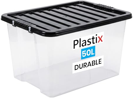 Plastix Clear Plastic Storage Box Boxes With Black Lids Home Office Stackable UK Made (1, 50L)