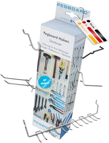 Pegboard 67-Piece Set of Perforated Wall Hooks for Tool Wall in Garage, Workshop, Basement, Garden Shed, Home Gym or Kitchen