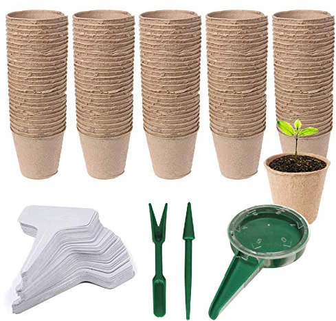 Woohome 153 Pz Vasi Biodegradabili da Giardino, 100 Pz Vaso per Semi in Fibra Biodegradabile per Piantine con Etichette, Attrezzi per Trapianti per Piante da Giardino Marroni
