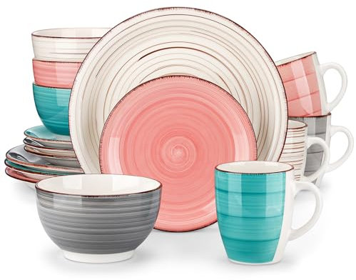 vancasso Bella Dinner Set for 4, Stoneware Plate Bowl Set Handpainted Tableware, 16 Piece Colorful Dinner Service with Dinner Plate/Dessert Plate/Cereal Bowl/Mug, Rustic Chic Style