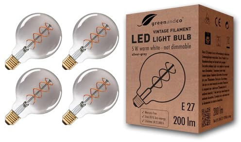 4x greenandco® LED vintage glödtråd glödlampa silvergrå ersätter 20W E27 G95 5W 200lm 1800K (extra varm vit) 360° 230V glaslampa, inte dimbar