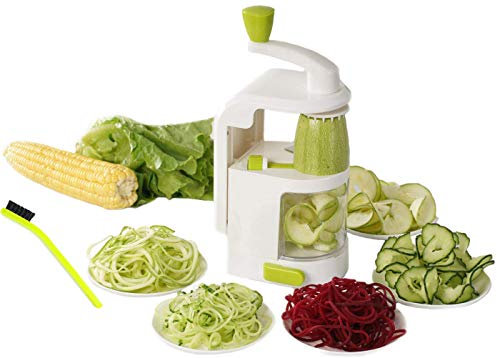 Kwirkythings Vegetable Spiralizer, Handheld Spiral Slicer Cutter Machine, Zucchini Noodle Spaghetti Maker, Rotating 4 Blade Stainless Steel Veggie Chopper - White w/Cleaning Brush (Heavy Duty)