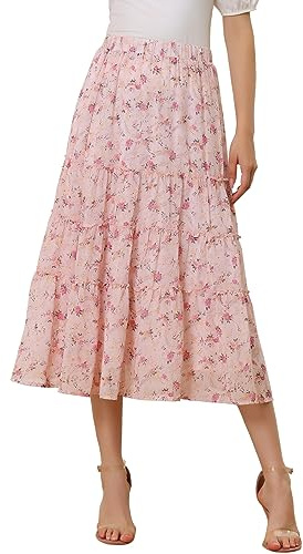 Allegra K Women's Floral Skirt Chiffon A-line Long Tiered Ruffle Boho Summer Midi Skirts Medium Pink