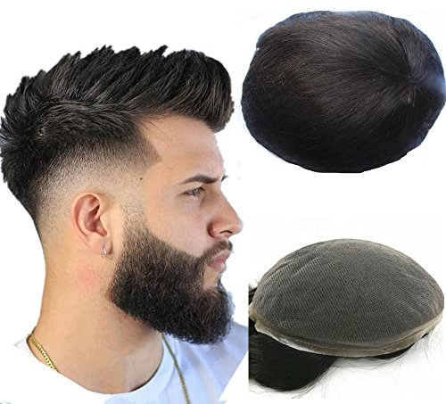 NLW Real Hairs Men’s Toupee, 100% Natural Human Hair Replacement System Medium Density, Breathable French Lace Wig Piece 8 * 10 Inches (#1B Natural Black)