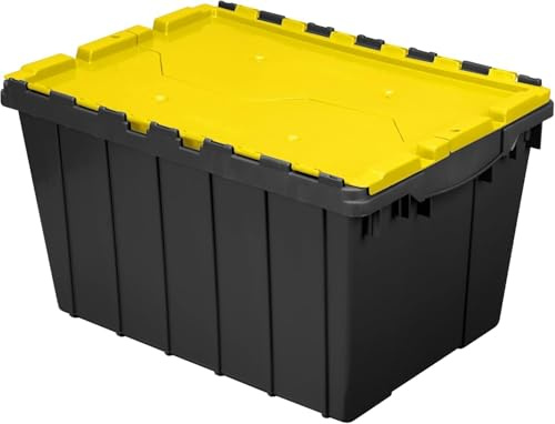 Akro-Mils KeepBox 45L Storage Container, Nesting and Stackable Plastic Storage Box with Lid Attached, Organizer Tote for Garages, Closets, and Moving, 38,7 cm W x 54,6 cm D x 31,6 cm H, negro/amarillo