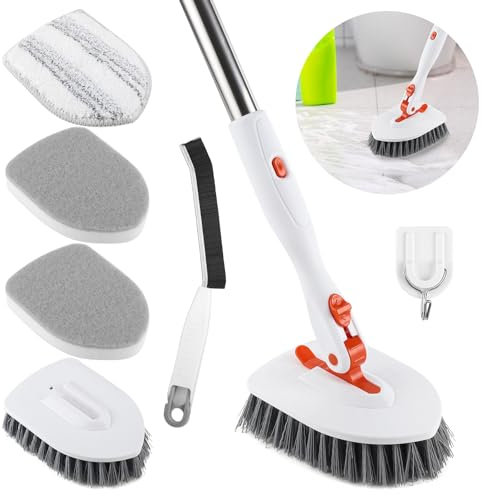 Bathroom Tile Cleaner Shower Scrubber Cleaning Brush, 3 in 1 52 Inch Long Handle Scrubbing Brush with Locked Head, Stiff Bristles Scrub Brush for Kitchen Tub Tile Sink Wall