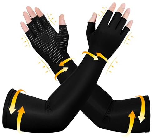 Zuscot Long Copper Compression Arthritis Gloves for Women & Men, Medical Arm & Hand Compression Gloves, Fingerless Pressuse Gloves, Hand Support Sleeves for Carpal Tunnel, Lymphedema, Hand Pain, Edema