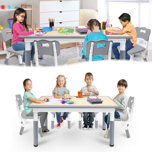 HENGMEI Barnbord, set med 4 stolar, plast, skrivbord, lekbord, barnrum, möbler, justerbar höjd, barnbord, stolset, sittgrupp inomhus för småbarn, flickor och pojkar, grå