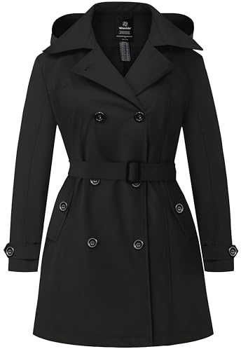 Wantdo Abrigo Trench para Mujer Gabardina Impermeable con Doble Botonadura para Mujer Abrigo Ligero a Prueba de Viento Charreteras con Cinturón Chaqueta Ajustada Negro 62-64