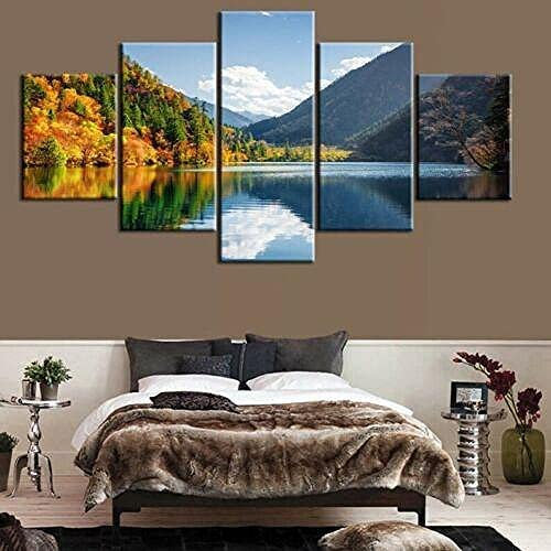 Leinwandbild 5-Teilig Bergsee Landschaft (M/Ohne Rahmen 100 X 50 Cm) Bild Wanddeko Wand Bild Kunstdruck Deko Wohnzimmer Wohnzimmer Schlafzimmer Büro Hotel Wandkunst Wandbild Poster Foto -6F7R+J4Z1