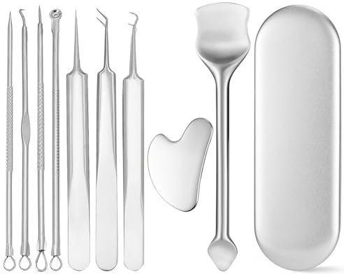 Pumwoy 9 Stück Mitesserentferner, Komedonenquetscher Set, Pickel Ausdrücken Werkzeug, Blackhead Remover Akne Mitesser Tools, Pickelentferner Komedonen-Extraktor für Nasen und Hautpflege, Gua Sha