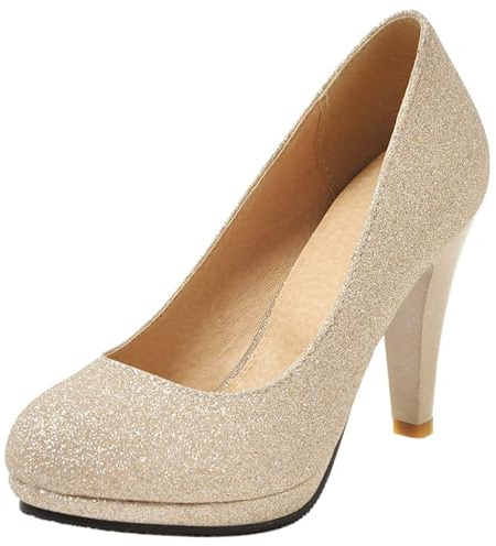 Escarpins Femme À Talon Conique avec Plateforme Briller Talons Hauts Chaussures Bout Rond A Enfiler Elegant Briller Chaussures, L712Sx Or Taille 42 EU/44Cn