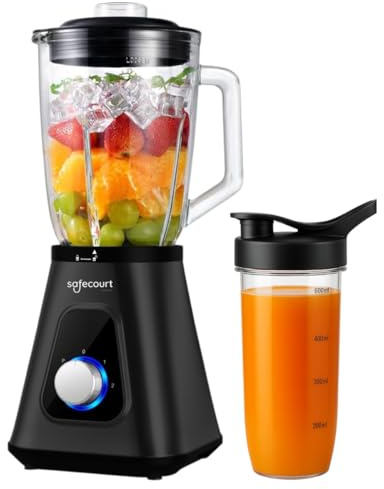 Safecourt Standmixer – Kraftvoller Smoothie Maker, Blender & Mixer [1200W & 1,5L Glasbehälter] – für Smoothies, Shakes, Suppen, Dips und mehr [inkl. 600ML BPA-freier To-Go Becher]