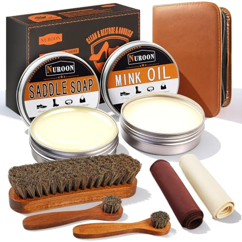 Nuroon 8 Pieces Leather Boots Shoes Cleaning Kit, 3.5oz Saddle Soap for Leather Cleaning, 3.5oz Mink Oil for Boots Polishing, 3 Horsehair Shoe Brushes, Shoe Polish Cloths