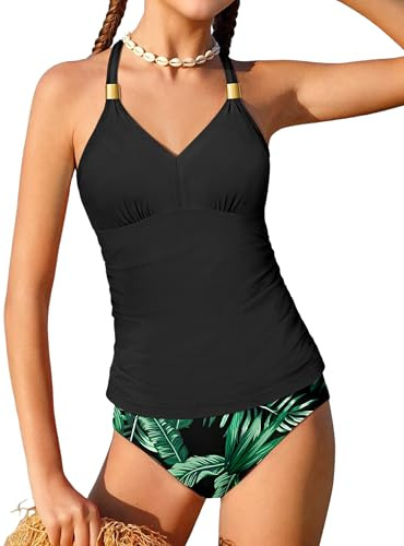 NECIOUS Girls' Swimsuit, 2-Piece Bathing Suit, Halterneck Ruched Tankini Sets, Printed Girls' Swimwear for 9-16 Years, Black, 11-12 Years