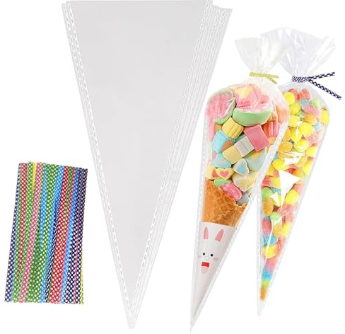 13 × 25 cm Crystal Clean Cone Bags, 100 bolsas de dulces conos de celofán para dulces, conos dulces transparentes triangulares para Halloween, bocadillos de Navidad, chocolates, dulces y mucho más