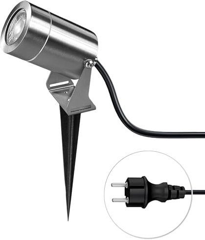 JNR Faretto da giardino in acciaio inox, impermeabile, IP65, impermeabile, da giardino, con corrente 5 W, GU10, 3000 K, bianco caldo, cavo da 2 m, con spina, illuminazione da giardino con corrente