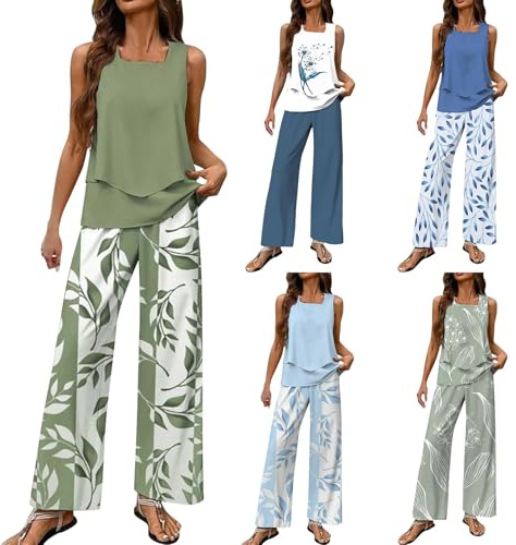 2025 Nuovo Tuta Estiva Donna Elegante Curvy Completo Due Pezzi Set Canotta e Pantaloni Completa Gamba Larga Taglie Forti Tute Complete Casual Comoda Tinta Unita Completi Estivi Eleganti Estive Moda
