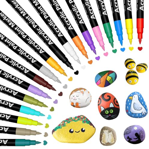 18 Colours Acrylic Pens for Stones Waterproof，Waterproof Oily Acrylic Pens Set, 0.7mm Extra Fine Tip Painting Pen for Wood Ceramic Glass Stone Pebble Crafts,Ideal for Children And Adults