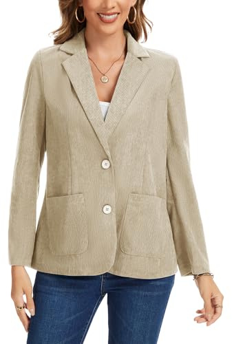 Kyzoeyou Blazer décontracté en velours côtelé à manches longues avec col cranté pour le bureau - Veste de costume à deux boutons avec poches, Beige, M