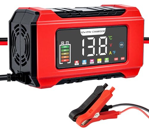 Cargador de Batería de Coche, 12V 15A/24V 8A Cargador Baterias Coche y Moto, Inteligente Cargadors de Batería con Pantalla LCD, Protección Seguridad Múltiple para Auto Moto Camión AGM Gel SLA LiFePO4