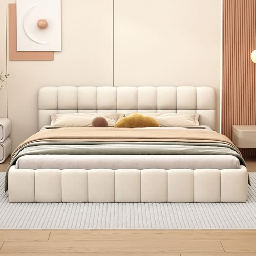 WSOFZMO Polsterbett 160 x 200 cm, Doppelbett 160x200 mit Lattenrost, Bubble Bett Bettgestell, Jugendbett mit Gepolstertes Kopfteil, Leinen, Ohne Matratze (Beige, 160 * 200)