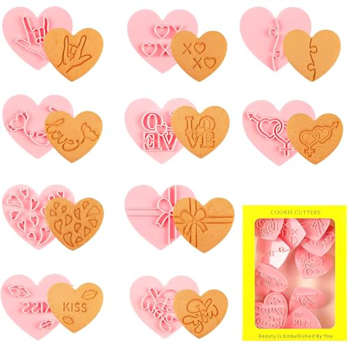 10 Pezzi Set di Biscotti di San Valentino, Legami, Formine per Biscotti, Tagliabiscotti a Forma di Cuore, Tagliabiscotti per Timbri, Adatto per Matrimoni, Compleanni e San Valentino