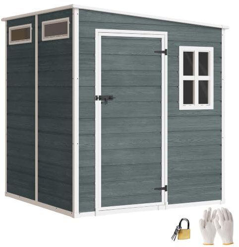 Outsunny Utrustningshus 2,89 m² utrustningsskjul med träutseende 3 fönster, 182 x 182 x 196 cm plast, trädgårdsskjul med ventilation, golv, lås, handskar, trädgårdshus för verktyg, cykel, grå