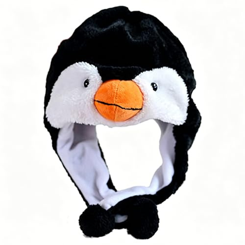 Huhaokejis Penguin Plush Hat, Penguin Plush Animal Winter Ski Hat, Plush Animal Hat, Penguin Earflap Cap, Plush Hat Cartoon Earflap Winter Ski Aviator Style Hood For Kids Teens (Black A)