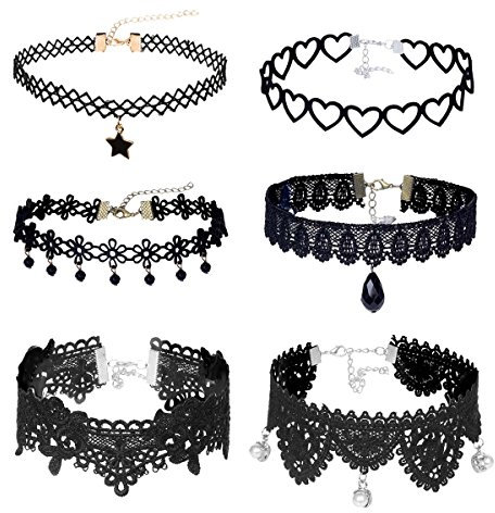 Elegant Rose 6 Stück Choker Halsketten Set Tattoo Gothic Spitze Choker Ketten Stretch Samt Classic, schwarz