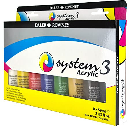 Daler-Rowney System3 59ml Acrylic Paint Selection Set, 8 x Assorted Vibrant Colours, Multi-Surface, For Professional Artists & Students