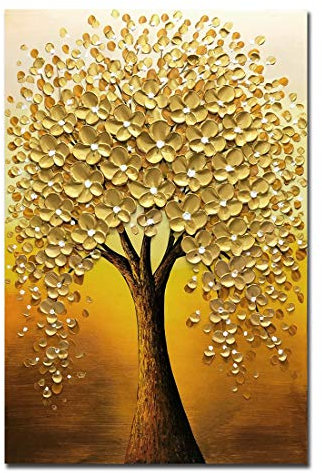 Yotree Ölgemälde, 61 x 91 cm, goldene Blumen, Baum, Glücksbaum, Ölgemälde, Handgemälde, 3D Handgemalt auf Leinwand, abstraktes Kunstwerk, Kunst, hängende Wanddekoration, abstrakte Malerei