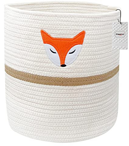 Inwagui Baumwollseilkorb Geflochten Aufbewahrungskorb Faltbare Fuchs Wäschekorb Baby Aufbewahrungsbox mit Griffen für Kleidung, Spielzeug, Kinderzimmer - Weiß