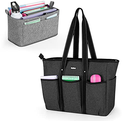 Damero LehrerTasche mit Organizer Einsatz, Lehrer Tasche Schultertaschen mit Laptophülle und Tasche für Schule, Büro, Schwarz