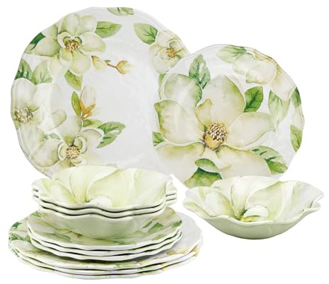 UPware 12 Piece Magnolia Melamine Dinnerware Sets, Outdoor Dishes Set, Plates and Bowls Sets, Service for 4, Green