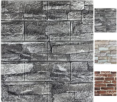 3D-Wandpaneele zum Abziehen und Aufkleben, Schaumstoff, 3D-Ziegelsteintapete, abziehen und aufkleben, schwarze Kunststein-Wandpaneele, selbstklebende Tapete (10 Stück, schwarz), 10 Stück