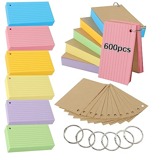 Flash Cards,600 PCS Multicolor Index Cards Revision Cards with 6 Binder Rings, 4.9 * 2.9 Inch Kraft Paper Flashcards Lined Record Cards Study Cards for Office Home School Learning