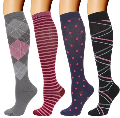 DRESHOW 4 Paires Chaussettes de Compression pour Femmes & Hommes Circulation pour Athlétisme,Course,Cyclisme,Voyage